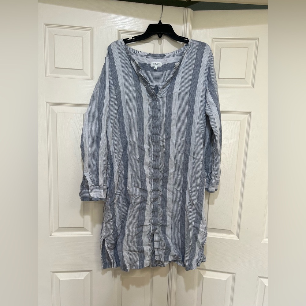 Haven Well Within 100% Linen Shirt Dress Ombre Stripe Loungewear Midi Size XL